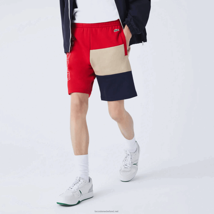 Lacoste bermuda van fleece met kleurvlakken en letters 0828H1558 rood beige marineblauw 1fu Heren