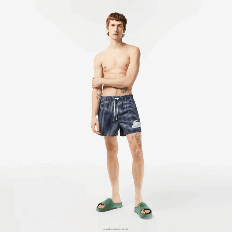 Lacoste geruite zwembroek van gerecycled polyester 0828H532 marineblauw wit xch Heren