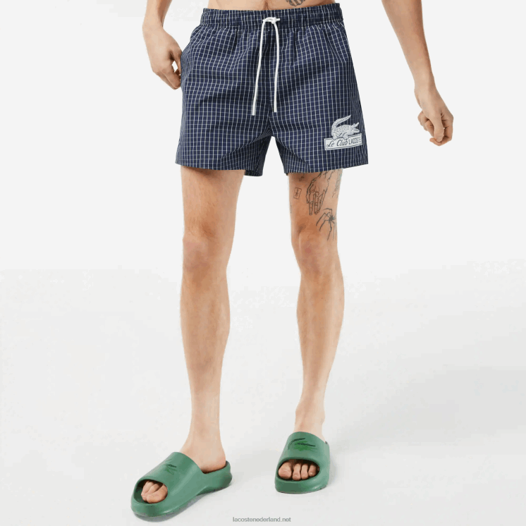 Lacoste geruite zwembroek van gerecycled polyester 0828H532 marineblauw wit xch Heren