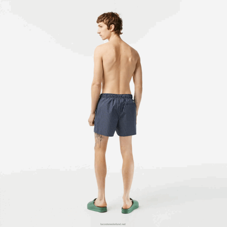Lacoste geruite zwembroek van gerecycled polyester 0828H532 marineblauw wit xch Heren