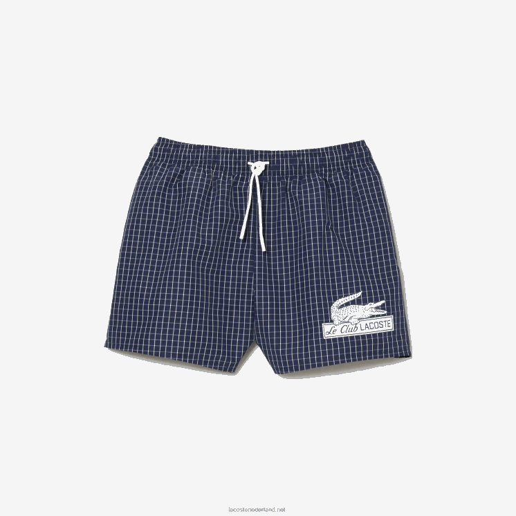 Lacoste geruite zwembroek van gerecycled polyester 0828H532 marineblauw wit xch Heren