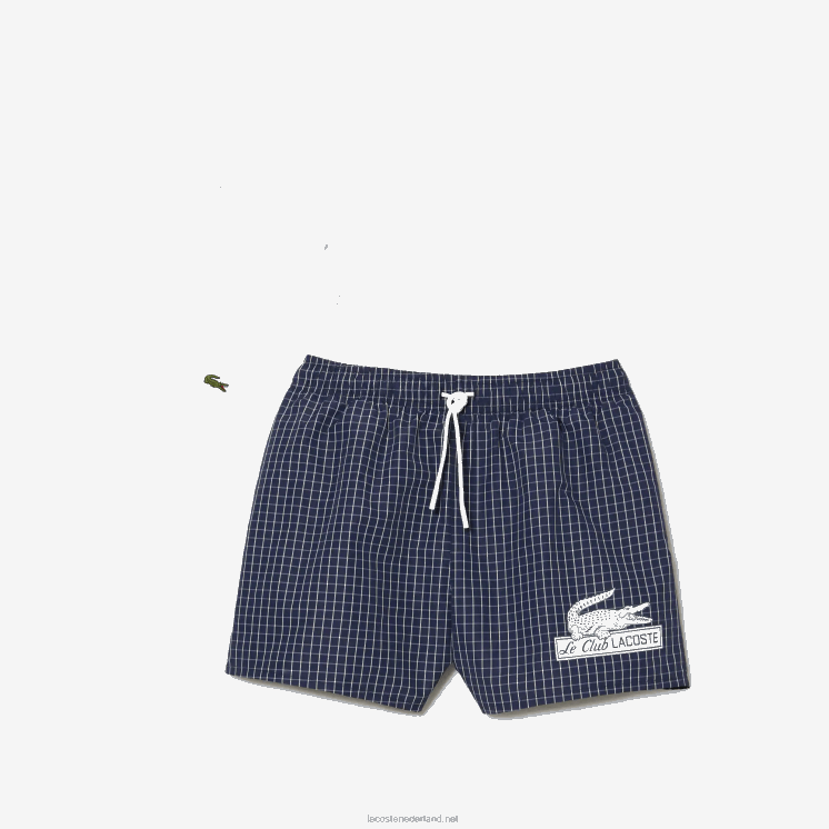 Lacoste geruite zwembroek van gerecycled polyester 0828H532 marineblauw wit xch Heren