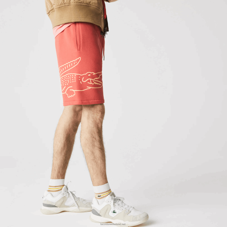 Lacoste korte broek van fleece met krokodillenprint 0828H1608 rood 67g Heren