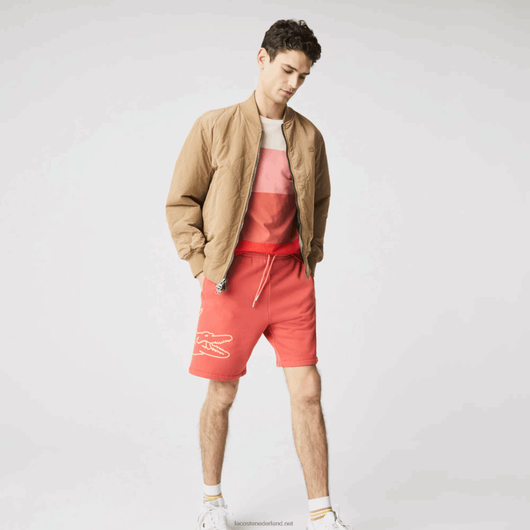 Lacoste korte broek van fleece met krokodillenprint 0828H1608 rood 67g Heren