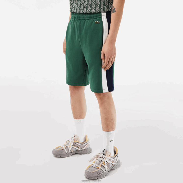 Lacoste korte broek van geborsteld fleece met kleurvlakken 0828H456 groen marineblauw wit wn7 Heren