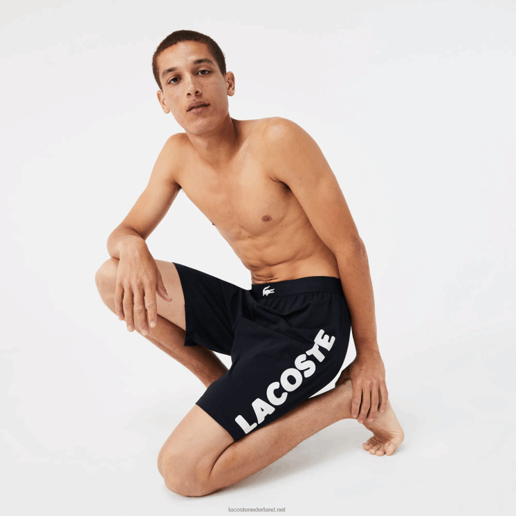 Lacoste krokodillenprint en stretchkatoenen indoorshort met merknaam 0828H1454 marineblauw wit 525 Heren