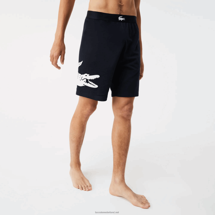 Lacoste krokodillenprint en stretchkatoenen indoorshort met merknaam 0828H1454 marineblauw wit 525 Heren