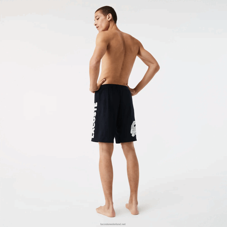 Lacoste krokodillenprint en stretchkatoenen indoorshort met merknaam 0828H1454 marineblauw wit 525 Heren