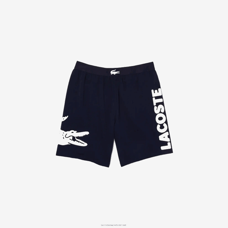 Lacoste krokodillenprint en stretchkatoenen indoorshort met merknaam 0828H1454 marineblauw wit 525 Heren