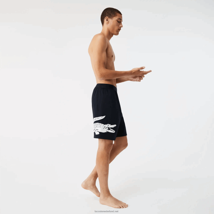 Lacoste krokodillenprint en stretchkatoenen indoorshort met merknaam 0828H1454 marineblauw wit 525 Heren