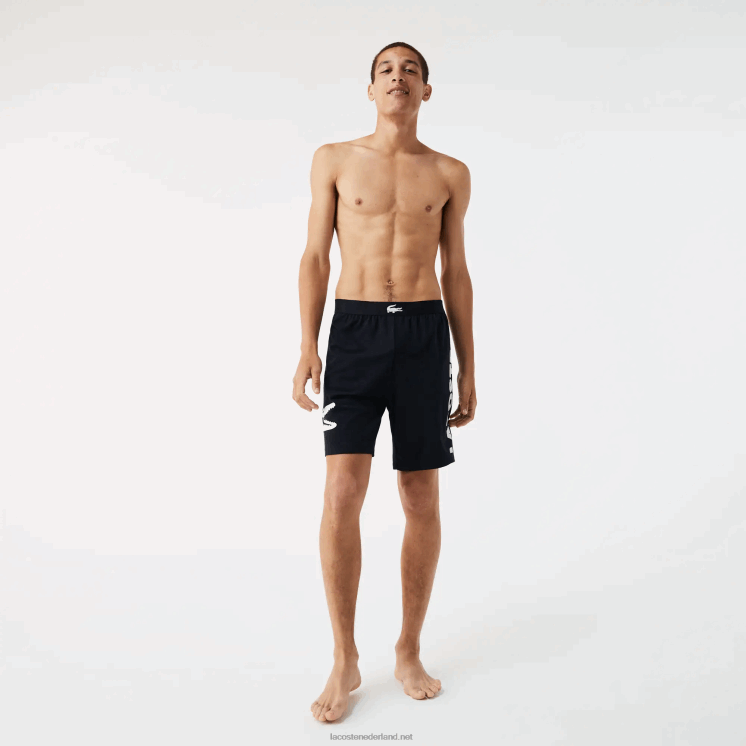 Lacoste krokodillenprint en stretchkatoenen indoorshort met merknaam 0828H1454 marineblauw wit 525 Heren