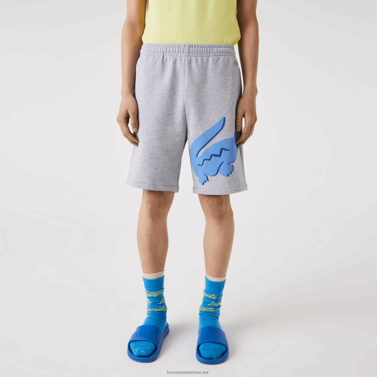 Lacoste oversized short van biologisch katoenfleece met krokodillenprint 0828H1418 grijze chine ca Heren