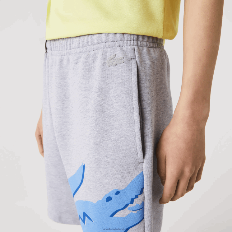 Lacoste oversized short van biologisch katoenfleece met krokodillenprint 0828H1418 grijze chine ca Heren