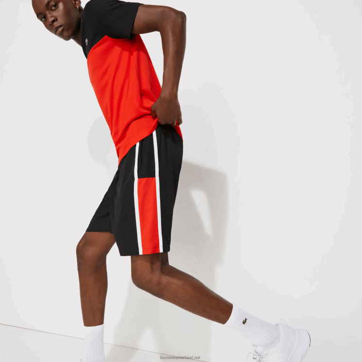 Lacoste sport colorblock panelen lichtgewicht shorts 0828H1365 zwart rood wit g54 Heren