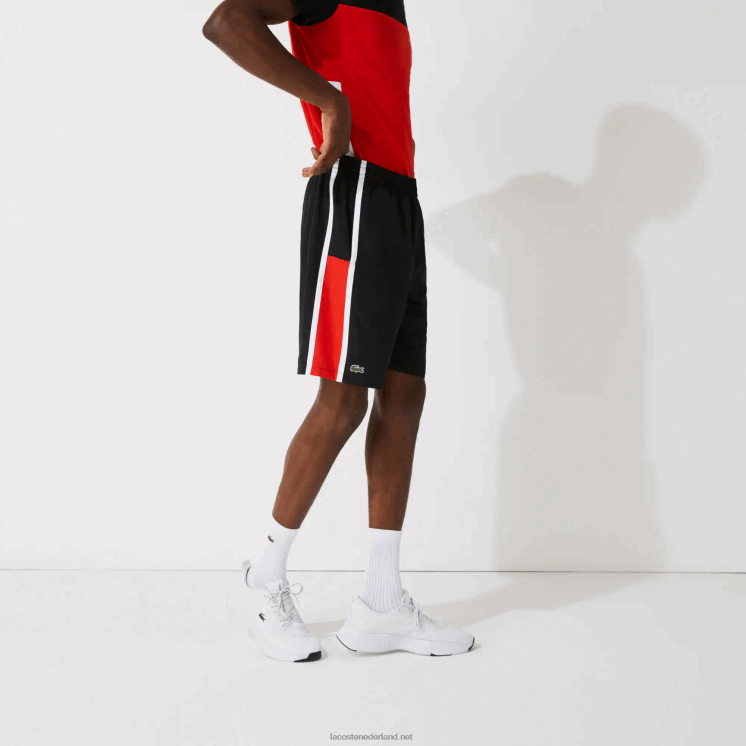 Lacoste sport colorblock panelen lichtgewicht shorts 0828H1365 zwart rood wit g54 Heren
