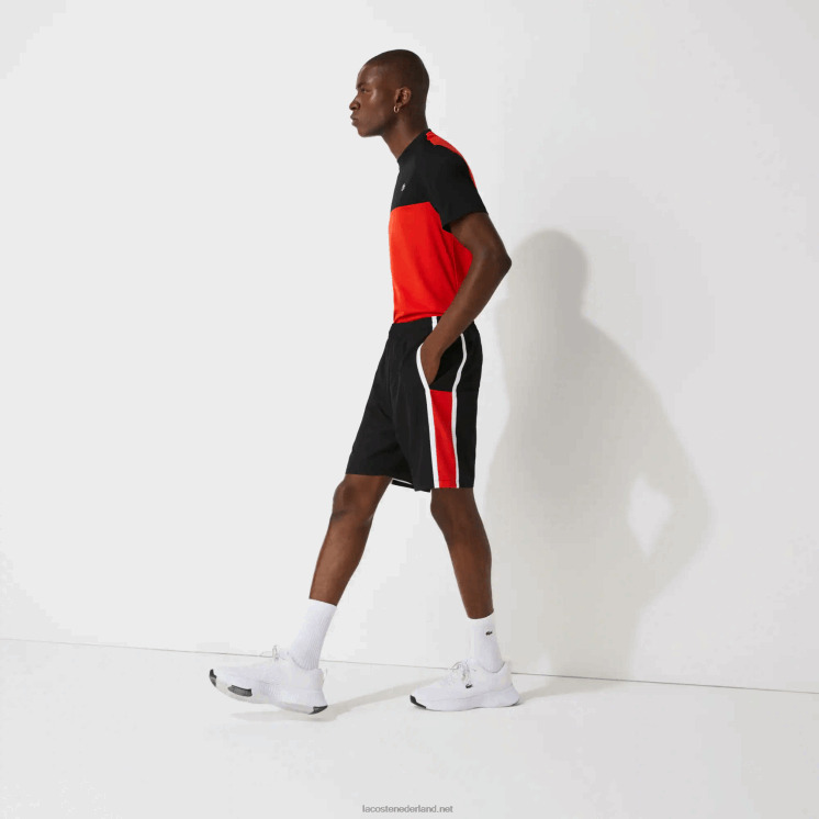 Lacoste sport colorblock panelen lichtgewicht shorts 0828H1365 zwart rood wit g54 Heren