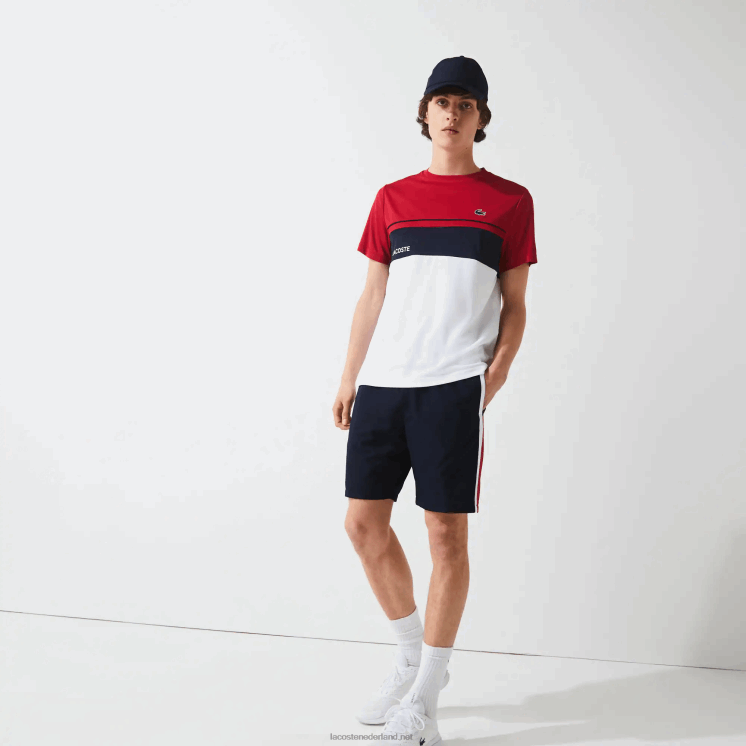 Lacoste sport colorblock panelen lichtgewicht shorts 0828H1367 marineblauw rood wit mwp Heren