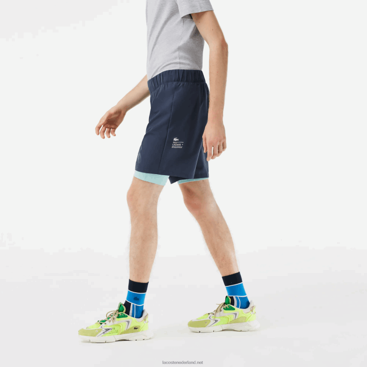 Lacoste tweekleurige sportshort met ingebouwde onderbroek 0828H480 blauw lichtgroen b00 Heren