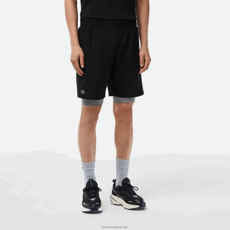 Lacoste tweekleurige sportshort met ingebouwde onderbroek 0828H481 zwart grijs chine x0i Heren