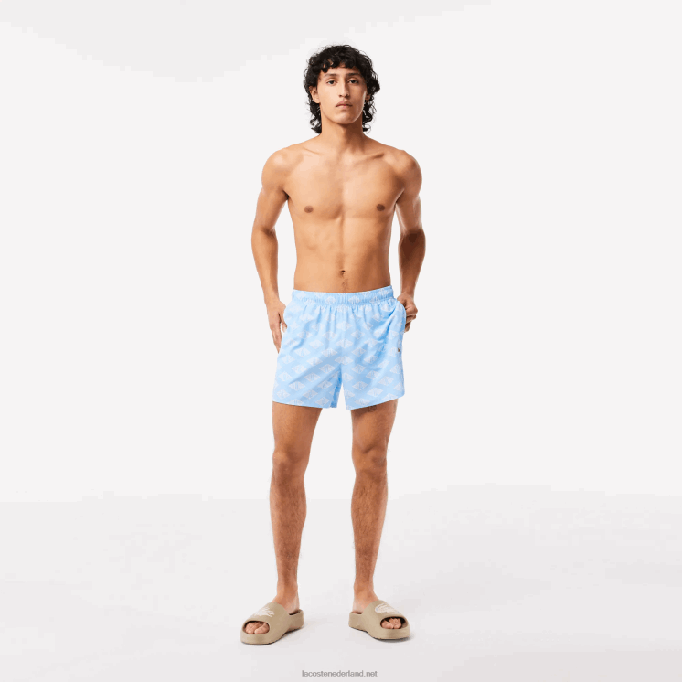 Lacoste tweekleurige zwembroek met monogramprint 0828H529 blauw wit fv2 Heren