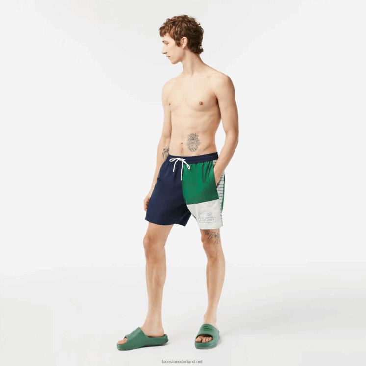 Lacoste zwembroek met kleurvlakken van gerecycled polyester 0828H520 marineblauw groen wit asst Heren