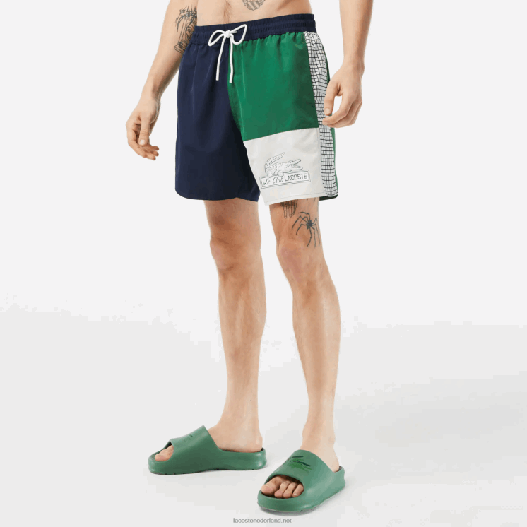 Lacoste zwembroek met kleurvlakken van gerecycled polyester 0828H520 marineblauw groen wit asst Heren