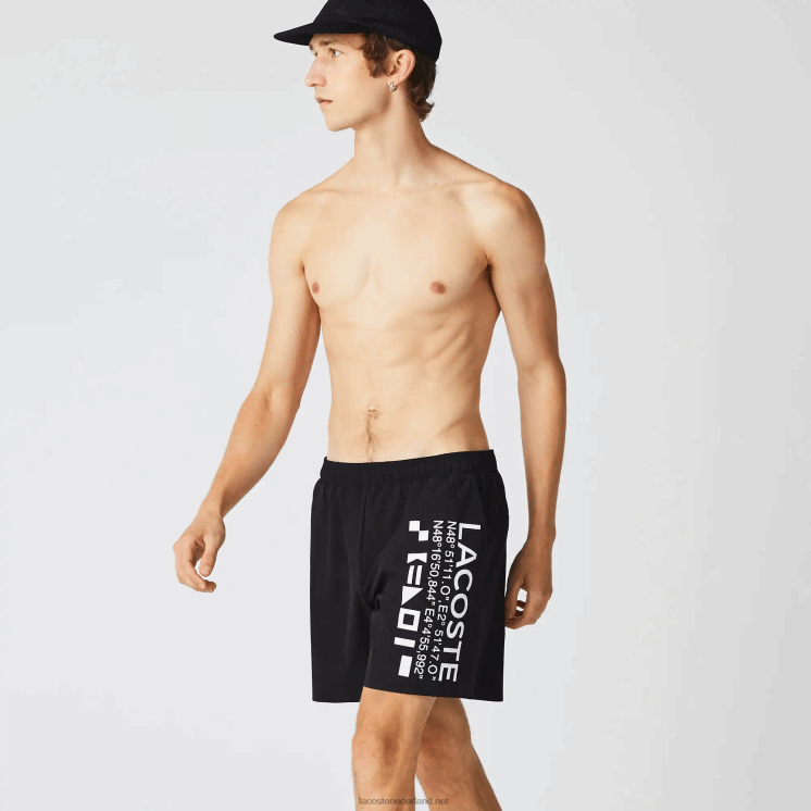 Lacoste zwembroek met nautische print 0828H1662 zwart wit 9m0 Heren