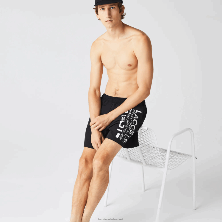Lacoste zwembroek met nautische print 0828H1662 zwart wit 9m0 Heren