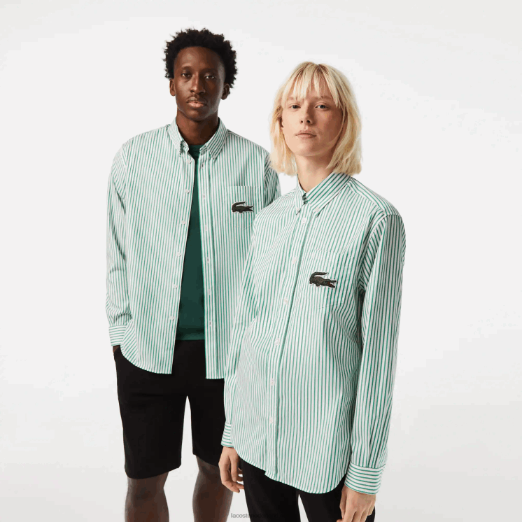 Lacoste Ruimvallend groot overhemd van krokodillenkatoen 0828H411 wit groen 737 Heren