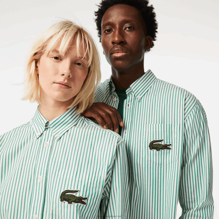 Lacoste Ruimvallend groot overhemd van krokodillenkatoen 0828H411 wit groen 737 Heren