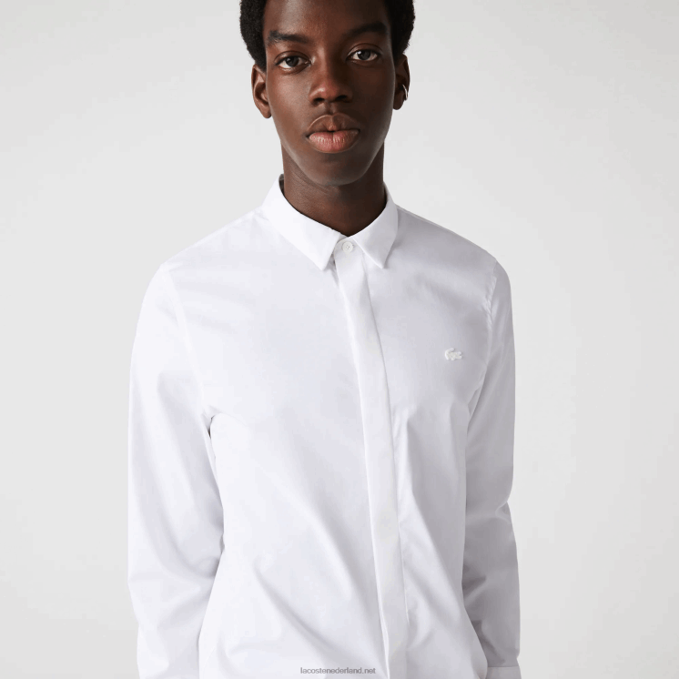 Lacoste Slim-fit popeline-overhemd van stretchkatoen met verborgen knoopsluiting 0828H1648 wit 001 Heren