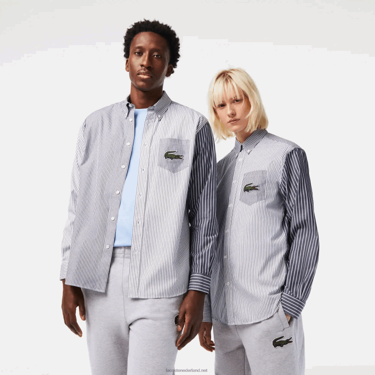 Lacoste groot krokodil gestreept katoenen overhemd 0828H493 wit marineblauw 522 Heren