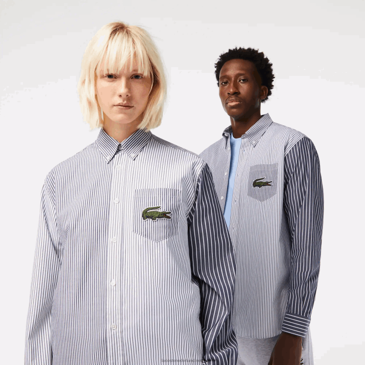 Lacoste groot krokodil gestreept katoenen overhemd 0828H493 wit marineblauw 522 Heren