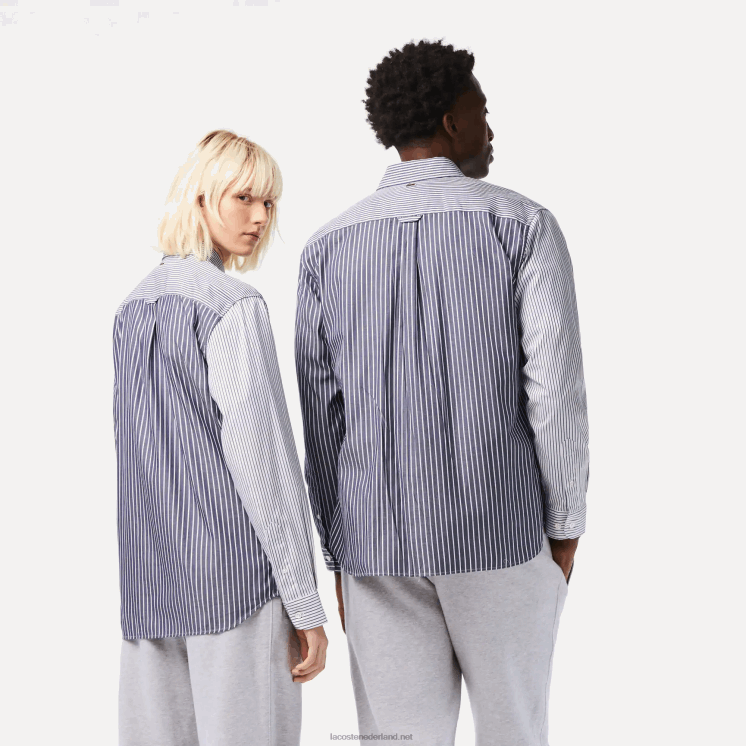 Lacoste groot krokodil gestreept katoenen overhemd 0828H493 wit marineblauw 522 Heren