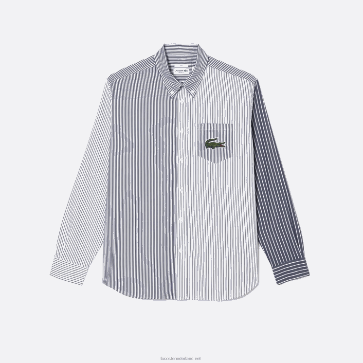 Lacoste groot krokodil gestreept katoenen overhemd 0828H493 wit marineblauw 522 Heren