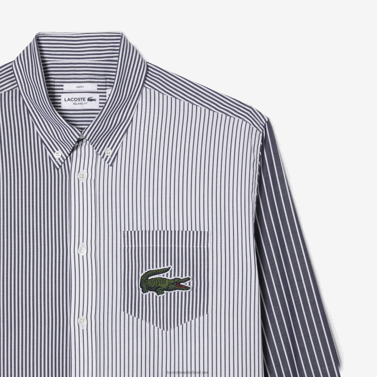 Lacoste groot krokodil gestreept katoenen overhemd 0828H493 wit marineblauw 522 Heren