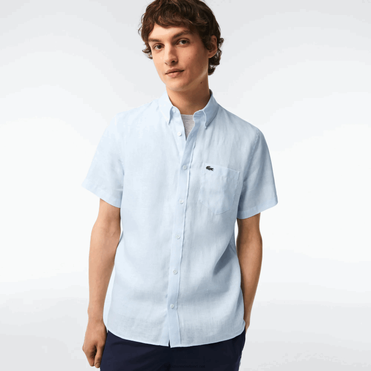 Lacoste linnen overhemd met korte mouwen 0828H488 lichtblauw t01 Heren