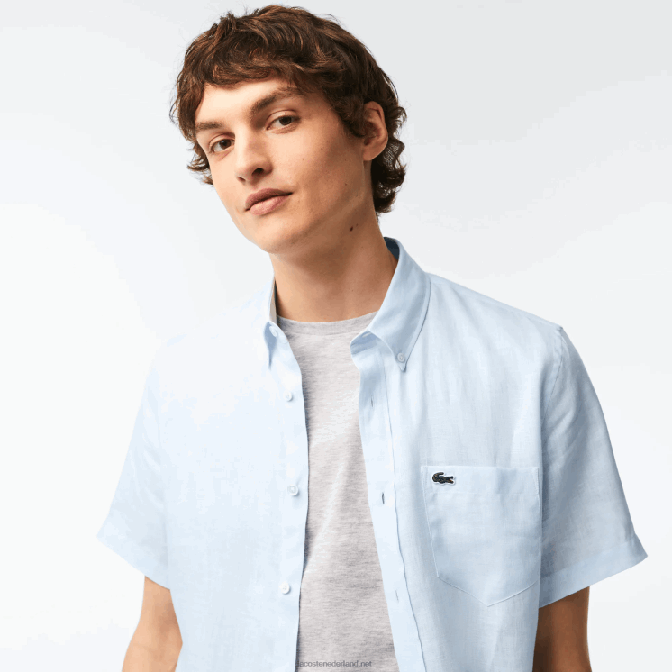 Lacoste linnen overhemd met korte mouwen 0828H488 lichtblauw t01 Heren