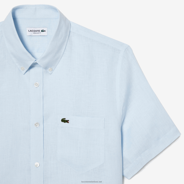 Lacoste linnen overhemd met korte mouwen 0828H488 lichtblauw t01 Heren
