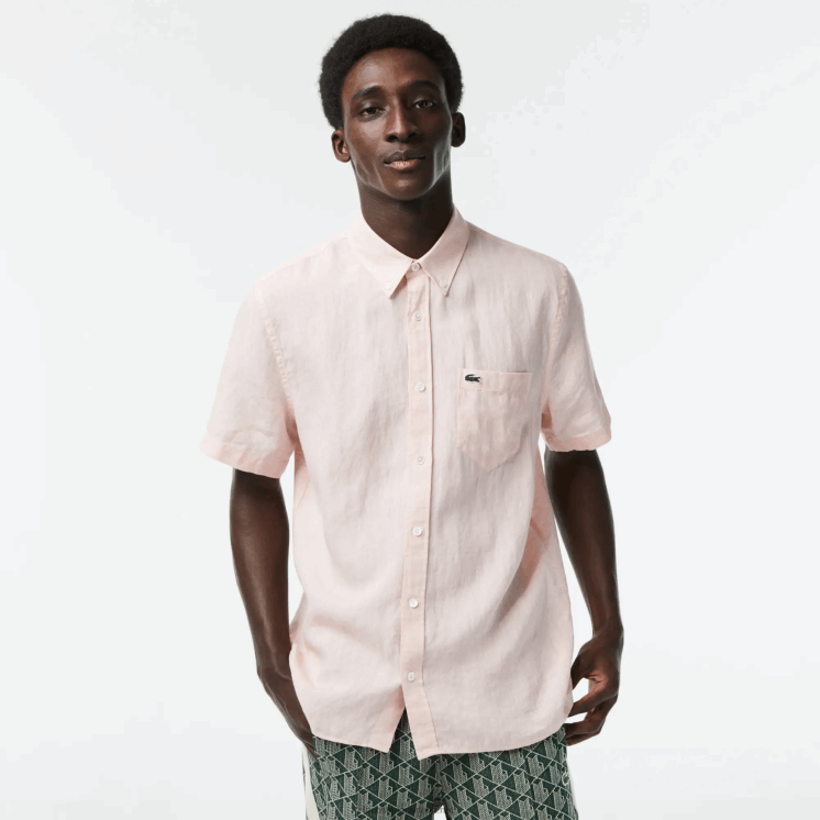 Lacoste linnen overhemd met korte mouwen 0828H489 lichtroze t03 Heren