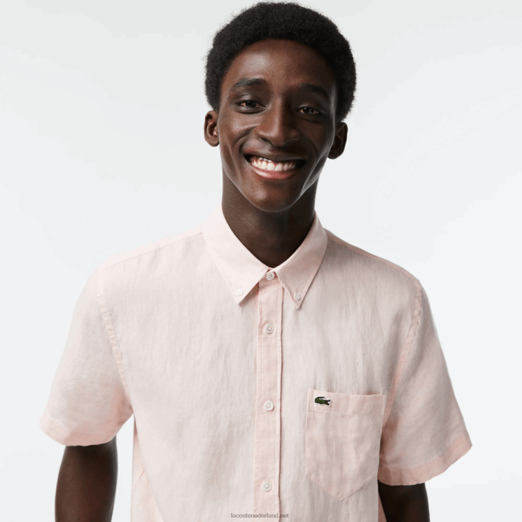 Lacoste linnen overhemd met korte mouwen 0828H489 lichtroze t03 Heren
