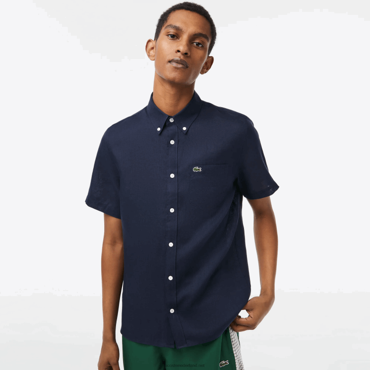 Lacoste linnen overhemd met korte mouwen 0828H491 marineblauw 166 Heren