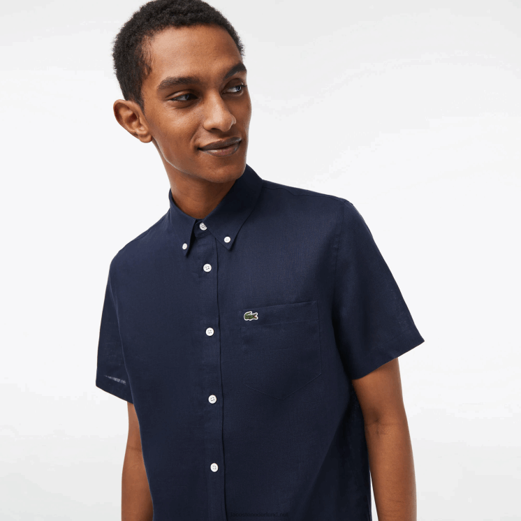 Lacoste linnen overhemd met korte mouwen 0828H491 marineblauw 166 Heren