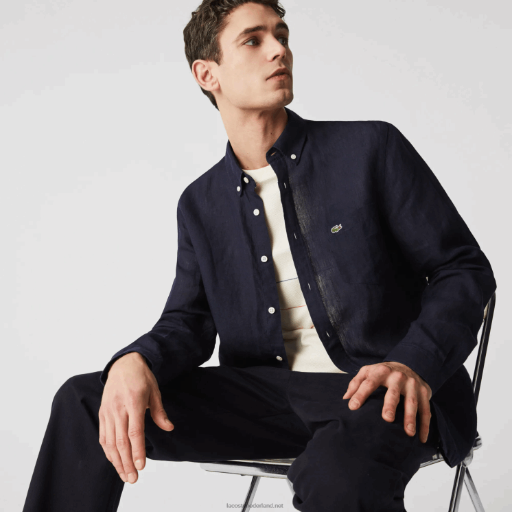 Lacoste linnen overhemd met normale pasvorm 0828H1650 marineblauw 166 Heren