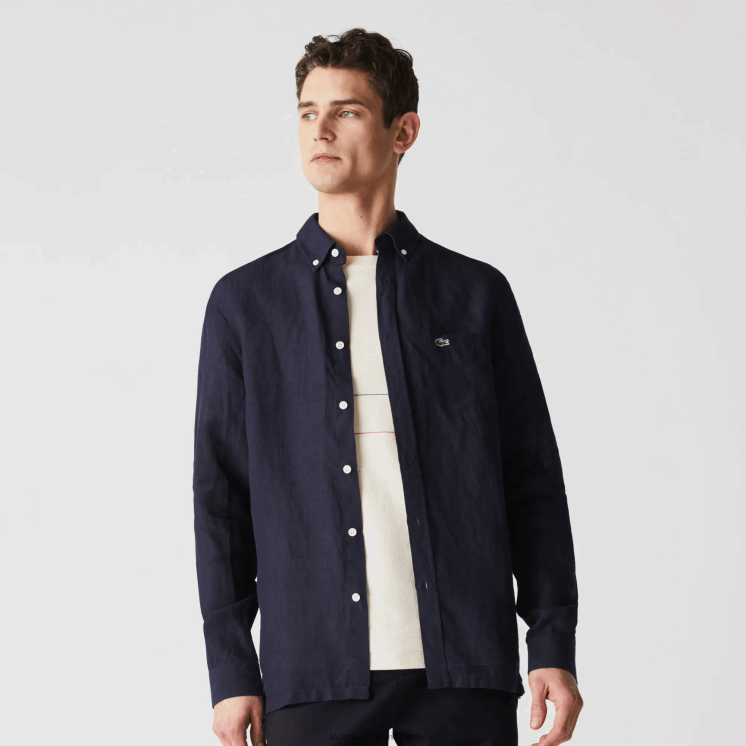 Lacoste linnen overhemd met normale pasvorm 0828H1650 marineblauw 166 Heren