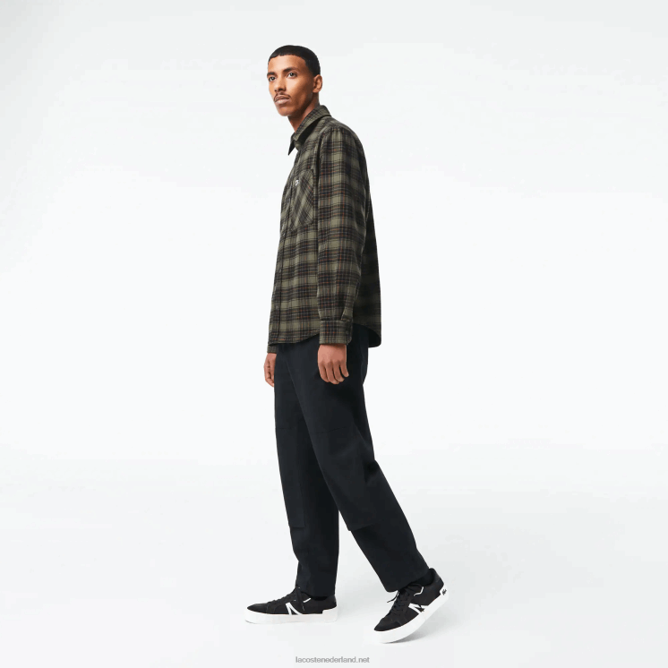 Lacoste omkeerbaar katoenen flanellen overshirt 0828H1541 kaki groen wit gby Heren
