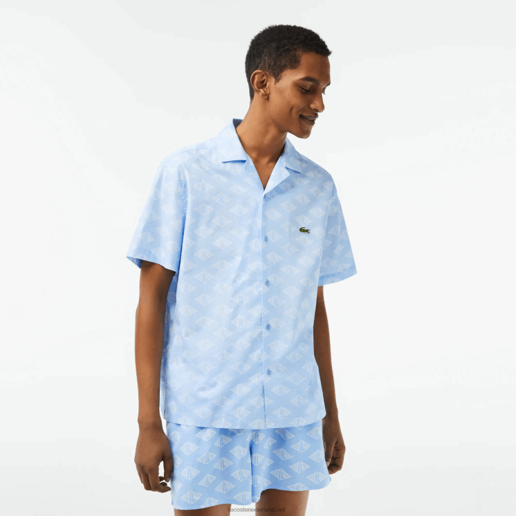 Lacoste overhemd met monogramprint en korte mouwen 0828H508 blauw wit fv2 Heren