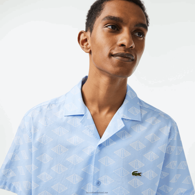 Lacoste overhemd met monogramprint en korte mouwen 0828H508 blauw wit fv2 Heren