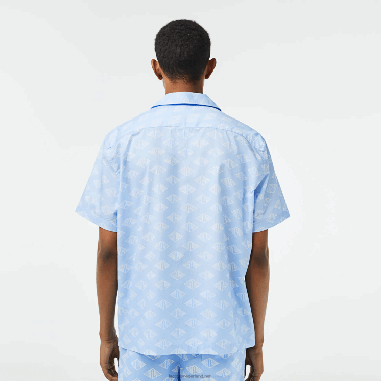 Lacoste overhemd met monogramprint en korte mouwen 0828H508 blauw wit fv2 Heren