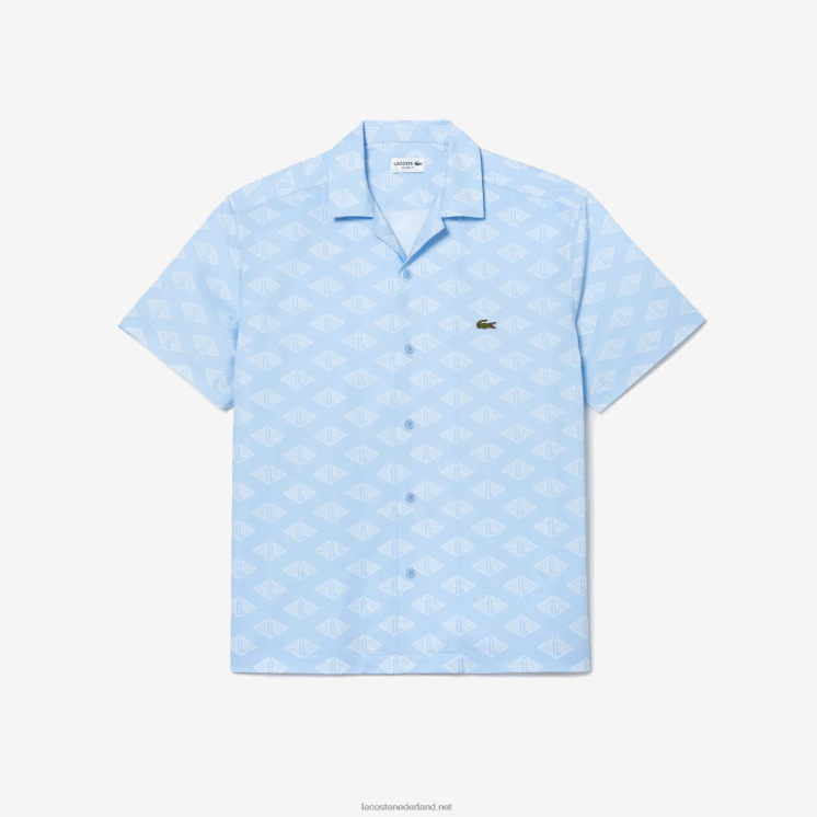 Lacoste overhemd met monogramprint en korte mouwen 0828H508 blauw wit fv2 Heren